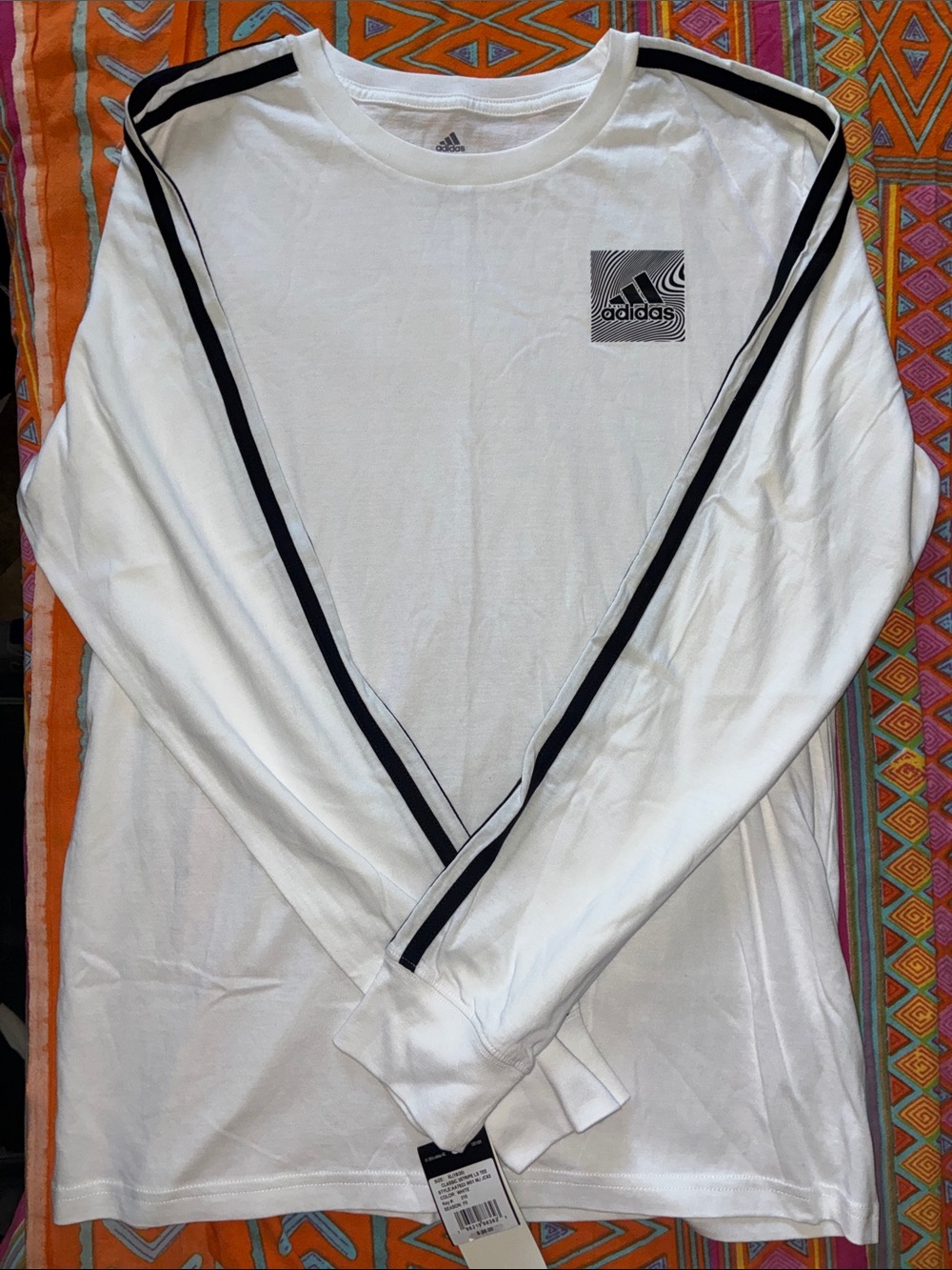 adidas White Long Sleeve Crew with Black Accent Stripes